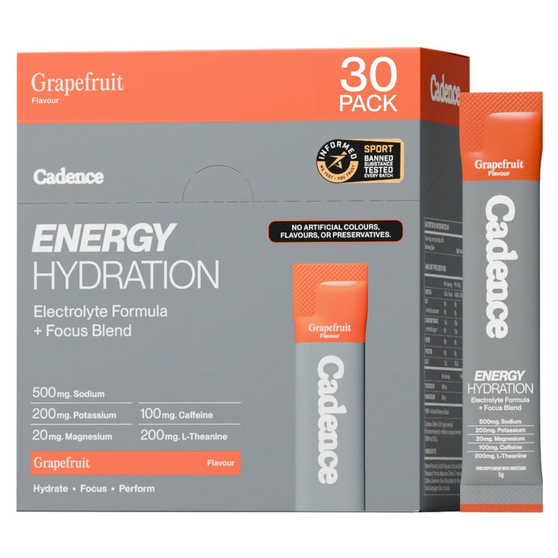 Cadence Energy Electrolyte Hydration Sachets - Training & Performance Electrolyte Powder - Caffeine & L-Theanine - Workout Energy, Endurance & Rehydration - Vegan, Keto - Grapefruit - 30 Sachets