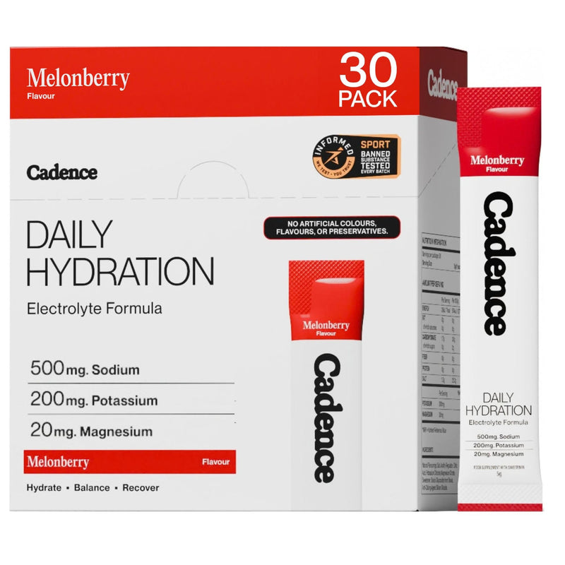 Cadence Daily Electrolyte Hydration Sachets - Essential Electrolytes Powder - Sodium, Potassium & Magnesium - Zero Caffeine, Vegan, Keto - Everyday Use for Rehydration - Melonberry - 30 Sachets