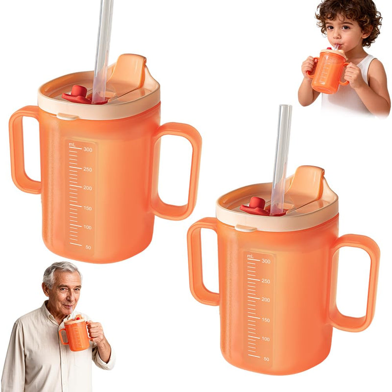 2 Pcs Elderly Spill Proof Cups, 300ml Sippy Cup for Adults, Beakers for Elderly with 2 Handles, Adult Feeding Cup Drinking Cup with Lid and Straw, Adult Sippy Cups for The Elderly Non Spill Orange