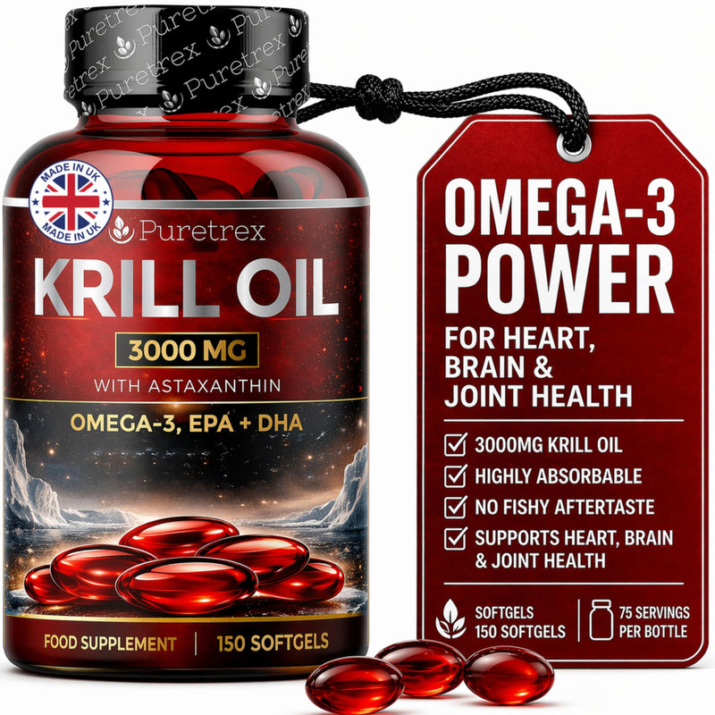Puretrex Krill Oil 3000mg 150 Softgels Made in UK – Omega 3 EPA DHA with Astaxanthin & Phospholipids, High Absorption, No Fishy Aftertaste, Heart Brain Joint Eye Support