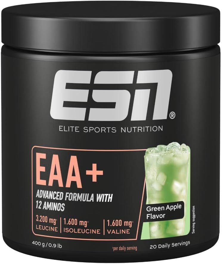 ESN EAA+, Green Apple, 400 g, All 9 EAAs & Vitamin B6, 3.2 g leucine per Serving, Ideal Solubility, Vegan – Made in Germany