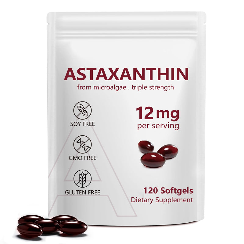 Astaxanthin 12mg 120 Capsules (4 Months Supply) | Triple Strength Antioxidant from Haematococcus Pluvialis, Supports Eye Skin Joint Heart Health | Non-GMO & Gluten Free
