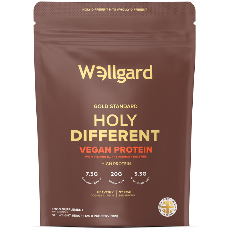 Wellgard Vegan Protein Powder, 97 Calories, 20g Plant Based Protein, Complete Amino Acid Profile, 3.3g BCAAs, Low Calorie Shake, Low Calorie Protein Powder, Cookies & Cream, Holy Different, 650g