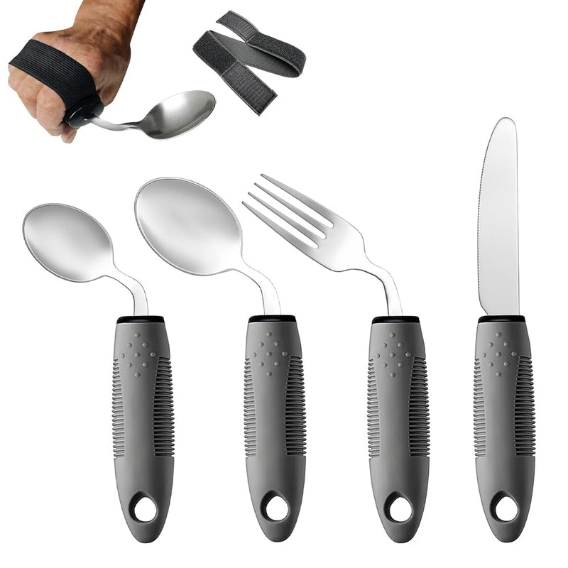 Adaptive Utensils Set, 4PCS Cutlery for Arthritic Hands with Fixing Strap, 42° Angled, 3oz Weighted, Arthritis Aids Bendable Cutlery Easy-Grip Ergonomic for Disabled Hands, Parkinson, Arthritis