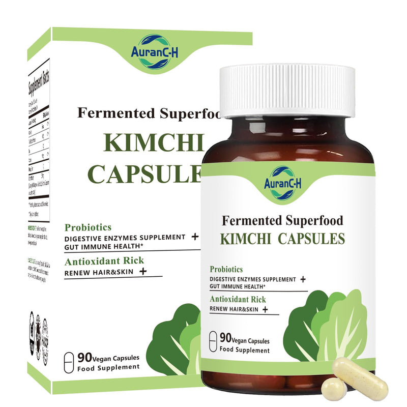 Daily Capsules of Premium Fermented Kimchi - Kimchi Powder 90 Vegan Capsules Natural Nutritional Supplement - Probiotics for Gut Health & Immune Support – Enhance Energy, Focus, Skin and Hair Health
