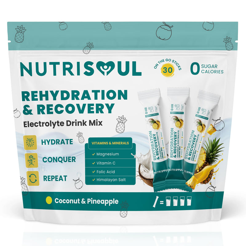 Rapid Rehydration Electrolyte Powder | Pineapple & Coconut Flavour | 30 Sachets | Vitamins C, B1, B3, B5, B9, B12, Magnesium & Himalayn Salt | Zero Sugar | Electrolytes Hydration Drink Mix