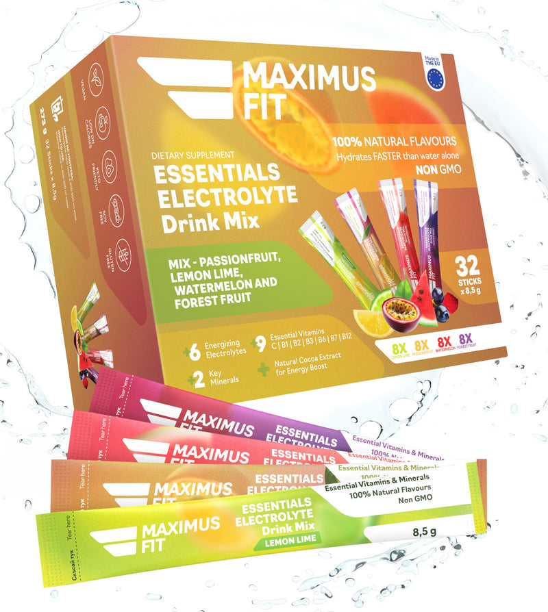 Maximus Fit Electrolytes Powder Sachets, Electrolyte Drink Mix Hydration Pack – Sodium, Magnesium Citrate, Vitamin C, B1, B2,B3,B6,B7,B12-32 Sticks - 4 Variation Mix 32 Servings (Pack of 1)