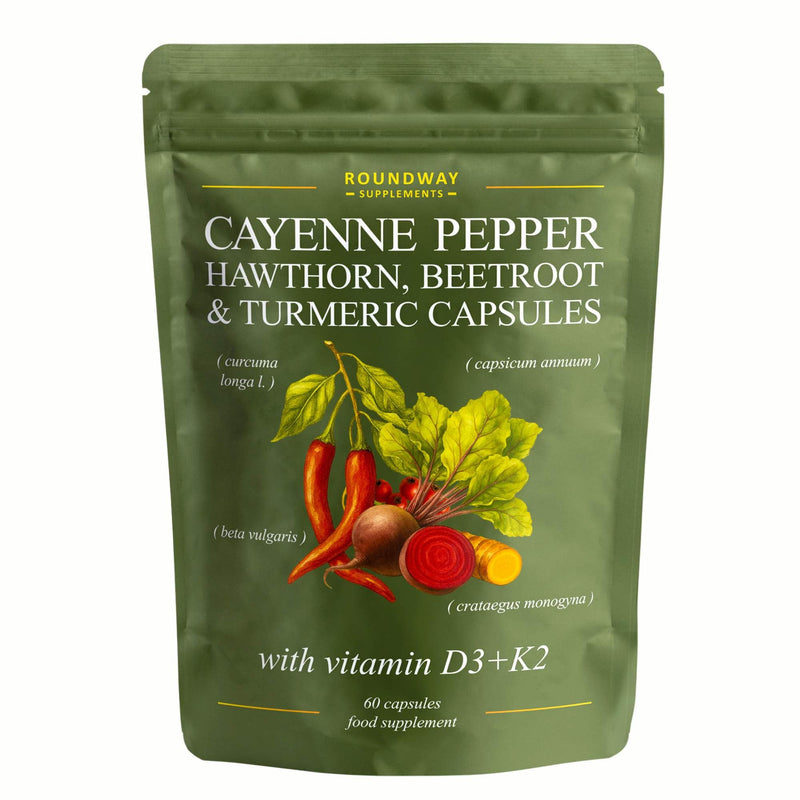 Cayenne Pepper Capsules with Hawthorn, Beetroot, Turmeric and Vitamin D3 K2 for Heart & Circulatory Support | 60 Capsules, 1 Month Supply | Made in The UK by Roundway Supplements
