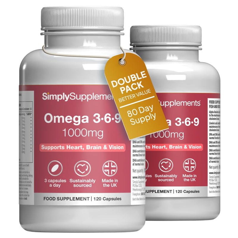 Omega 3·6·9 1000mg Fish Oil | Supports Heart, Brain & Vision Health | 240 Softgels = 80 Days’ Supply | High-Strength Essential Fatty Acids | Purified Fish Oil, Flaxseed & Sunflower Oil | UK-Made Unflavoured 120 count (Pack of 2)