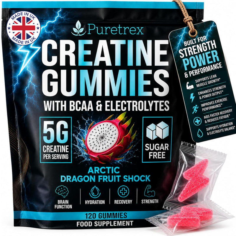 Puretrex Creatine Monohydrate Gummies 5000mg, UK Made Creatine Gummies with BCAA & Electrolytes, Muscle Strength Recovery & Hydration Support, Sugar Free Formula, Arctic Dragon Fruit, 120 Count