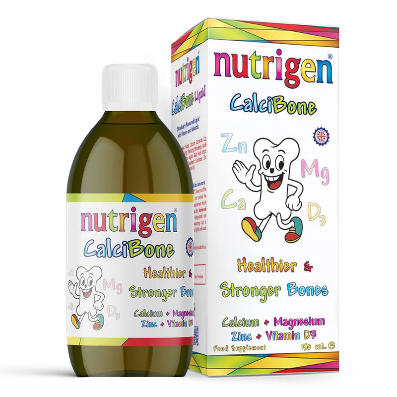 Nutrigen Calcibone Liquid for Children – Healthier and Stronger Bones – Contains Calcium, Vitamin D, Magnesium and Zinc Essential for The Bone Health. Strawberry Flavoured 150 mL.