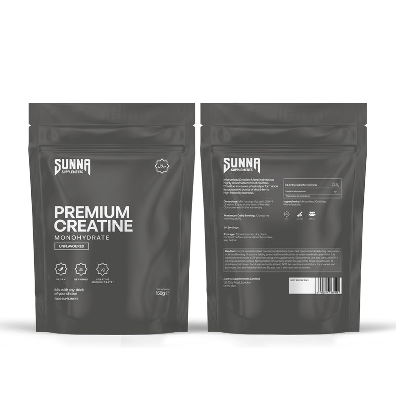 SUNNA SUPPLEMENTS Premium Creatine Monohydrate 150 g – Micronised Unflavoured Powder – 5 g Per Serving – Vegan Food Supplement (30 Servings)