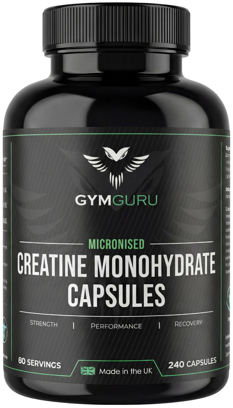 Gym Guru® Creatine Monohydrate Capsules, 240 Tablets, 3000mg, UK Made | Micronized Creatine Tablets, Pure Creatine Capsules, Vegan Creatine for Women and Men, 60 Servings, Strength and Performance