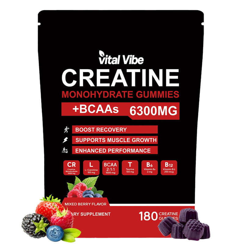 BCAA Gummies with Creatine 6300mg - High Strength EAA Essential Amino Acids - 180 Counts, 2 Month Supply - Pre Workout Energy, Muscle Strength - L-Taurine & B12 - Vegan Chewable Gummies 60 Servings