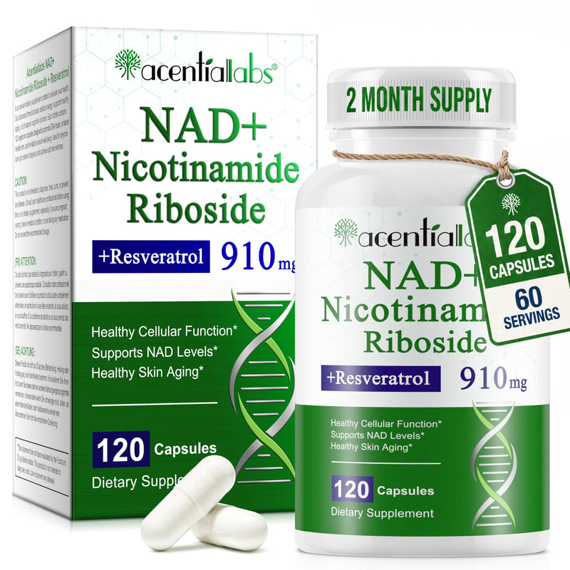 NAD+ Supplements with 910mg Plant-Based Formula NAD Support with Nicotinamide Riboside & Resveratrol, 120 Capsules, Supports Cellular Energy & Daily Wellness