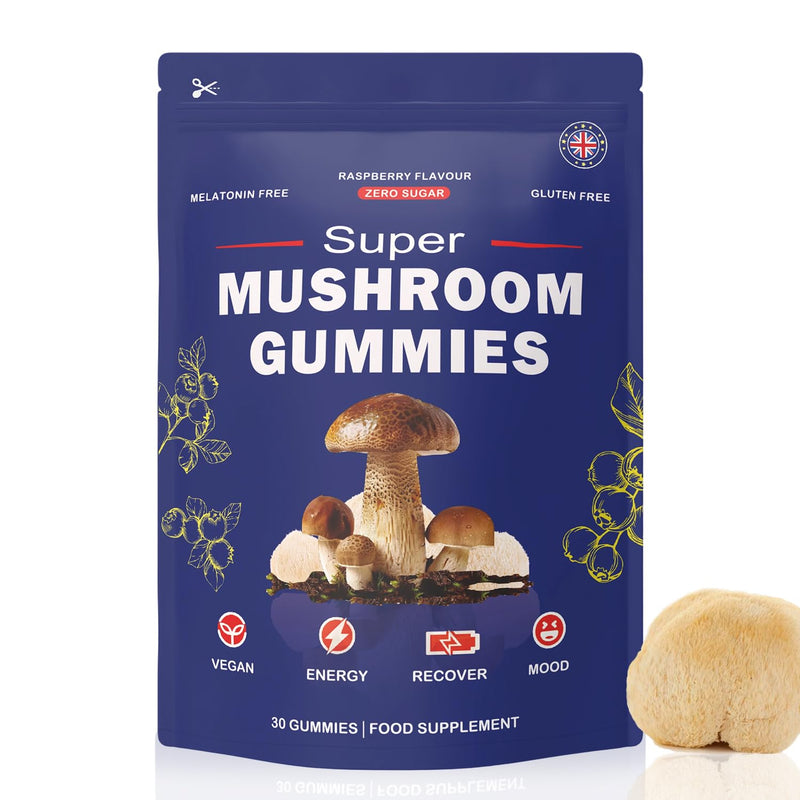 Super Mushroom Gummies with Lion's Mane Supplement, Energy, Focus, Raspberry Flavour (30 Gummies) 30-Gummies