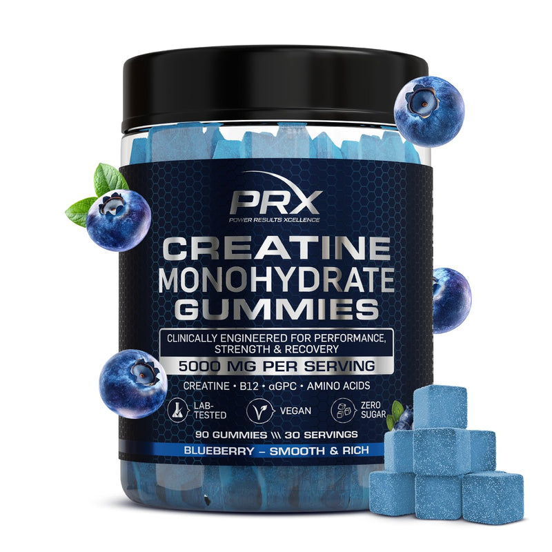 PRX Creatine Gummies 5000mg – Blueberry | Vegan Creatine Monohydrate with B12, L-Taurine & Amino Acids | Muscle Growth, Strength & Recovery | Zero Sugar • Eurofins Tested • 90 Gummies (Blueberry)