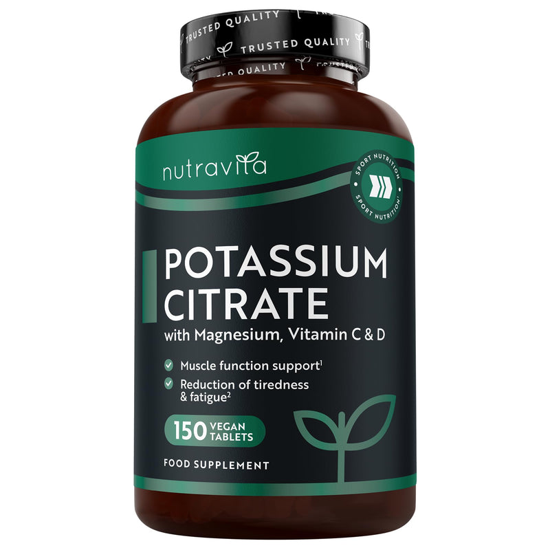 Nutravita Potassium Supplement 525mg with Vitamin C, D & Magnesium - 150 Vegan Tablets - High Strength Potassium Citrate - Electrolytes Support - Contributes to Normal Muscle Function