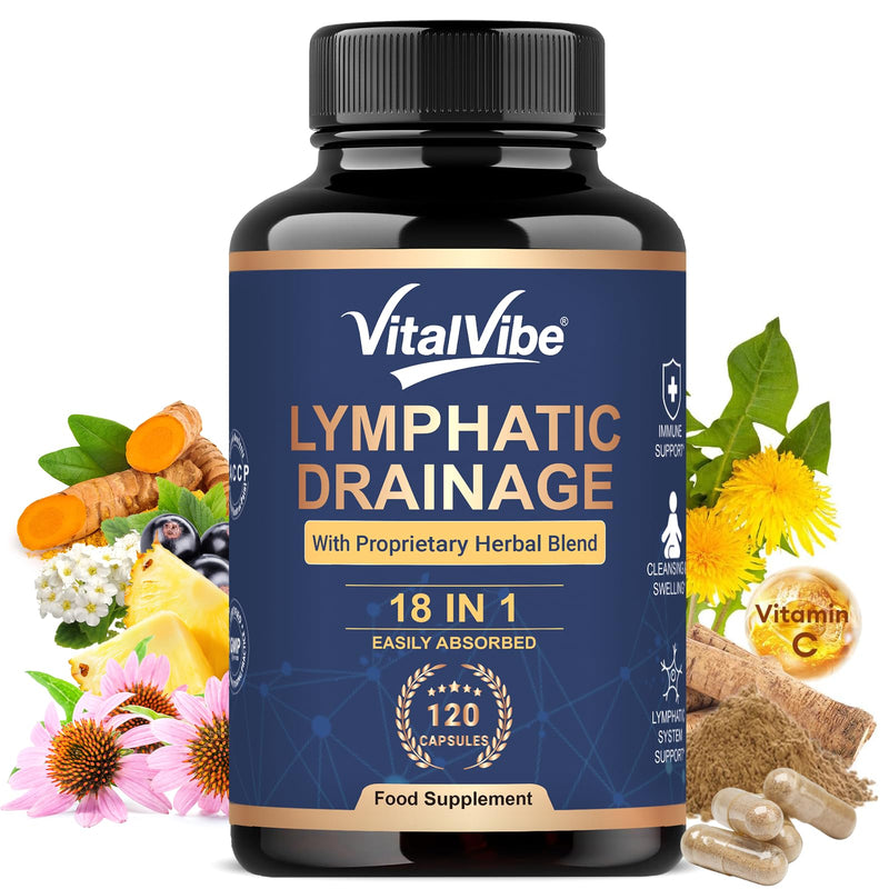 Lymphatic Drainage Tablets & Water Retention, 18-in-1 Herbal Complex with Dandelion Root, Burdock Root & Echinacea,Liver Detox & Immune Support with Vitamin C, D3 & Zinc, 120 Vegan Capsules
