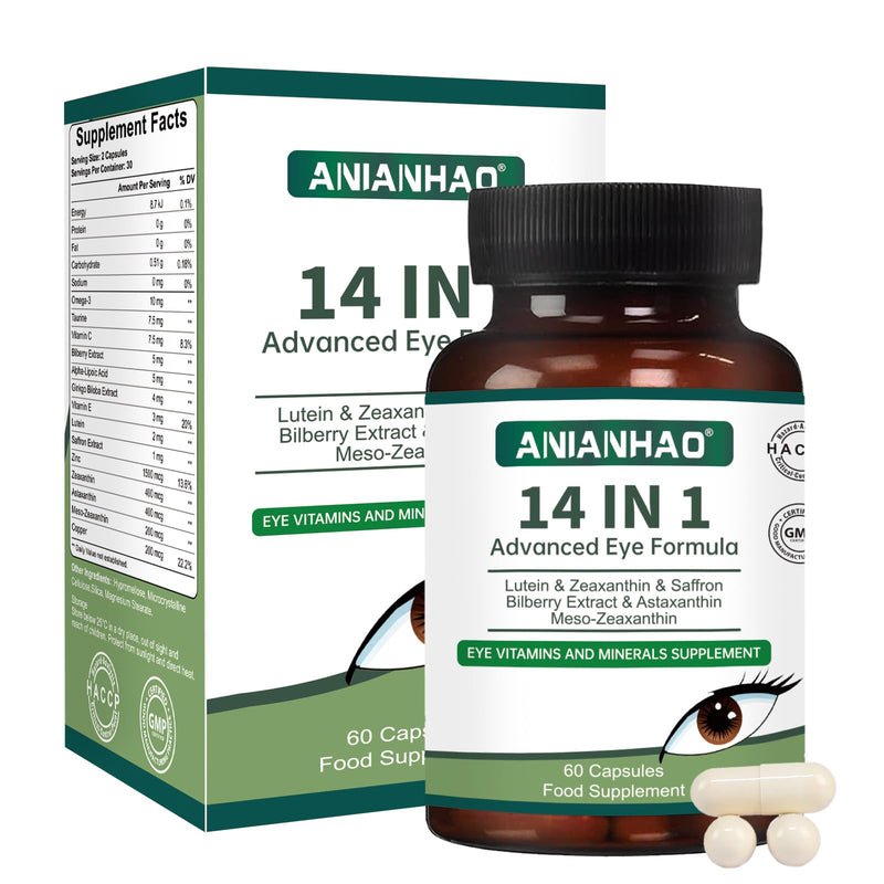 14 in 1 Advanced Eye Formula Eye Vitamins, areds 2 Eye Supplement – Eye Vitamin and Mineral Supplement with Lutein, Zeaxanthin, Zinc & Bilberry Extract – Vision & Focus Support, 60 Capsules