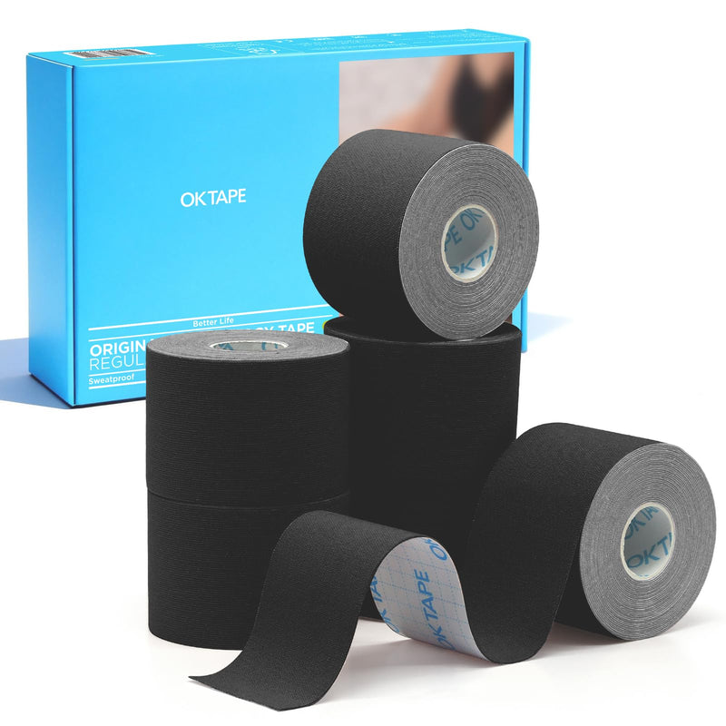 OK TAPE Kinesiology Tape Basic Original Cotton Elastic Athletic Tape for Support and Recovery, 5cmx5m,6 Rolls,Black 6 Roll Black