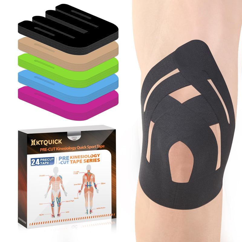 Precut Kinesiology Tape for Knees, KTQUICK 24PCS Sports Tape for Knee, New Waterproof Athletic Support Tape, Discomfort Relief & Breathable Elastic Tape Strapping for Sports and Muscle Pain(Black) Black