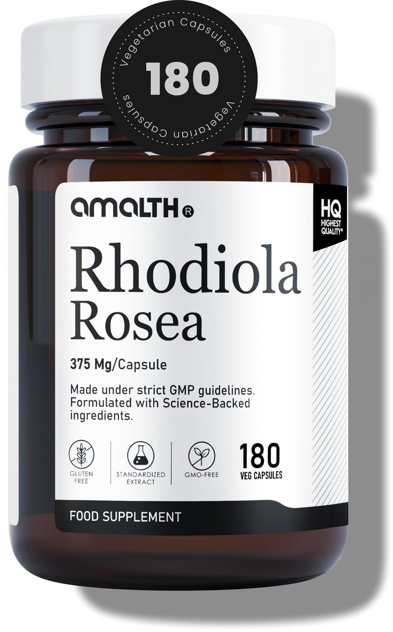 Amalth Rhodiola Rosea Capsules 375mg per Capsule | Standardised 3% Rosavins & 1% Salidroside | with Black Pepper Extract | Botanical Food Supplement | 180 Vegan Capsules