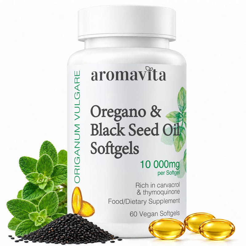 2in1 Oregano & Black Seed Oil Softgels – 108mg Carvacrol & 375 mg Thymoquinone – Organic, Vegan, Non-GMO – Wellness Support – 60 Capsules