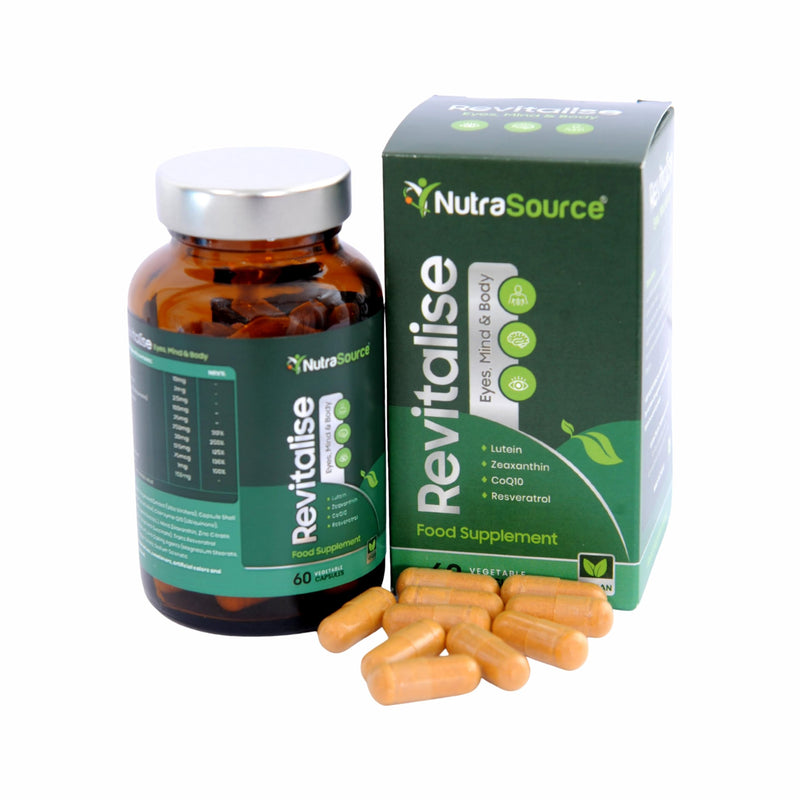 Revitalise CoQ10 & Coenzyme Q10 Antioxidant Complex with Lutein, Zeaxanthin, Resveratrol, Grapeseed OPC, Selenium, Vitamin C & E, Energy, Eye & Cell Support, Vegan, 60 Capsules | NutraSource