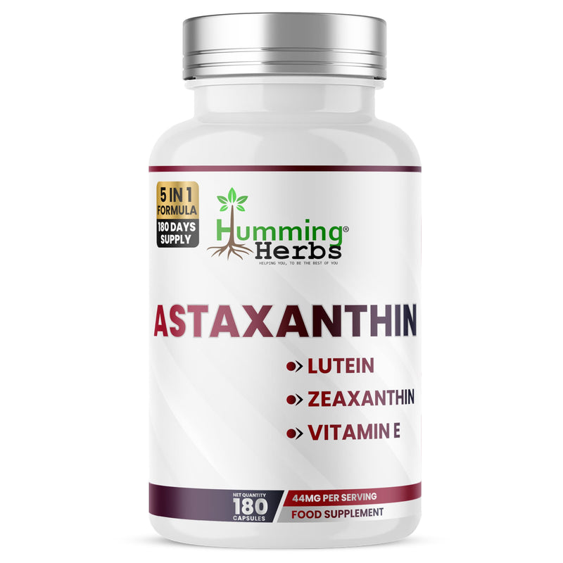 Humming Herbs Astaxanthin 12 mg with Lutein 10 mg, Zeaxanthin 2 mg & Vitamin E | 180 Vegan Capsules (180-Day Supply) | Carotenoid Complex Food Supplement