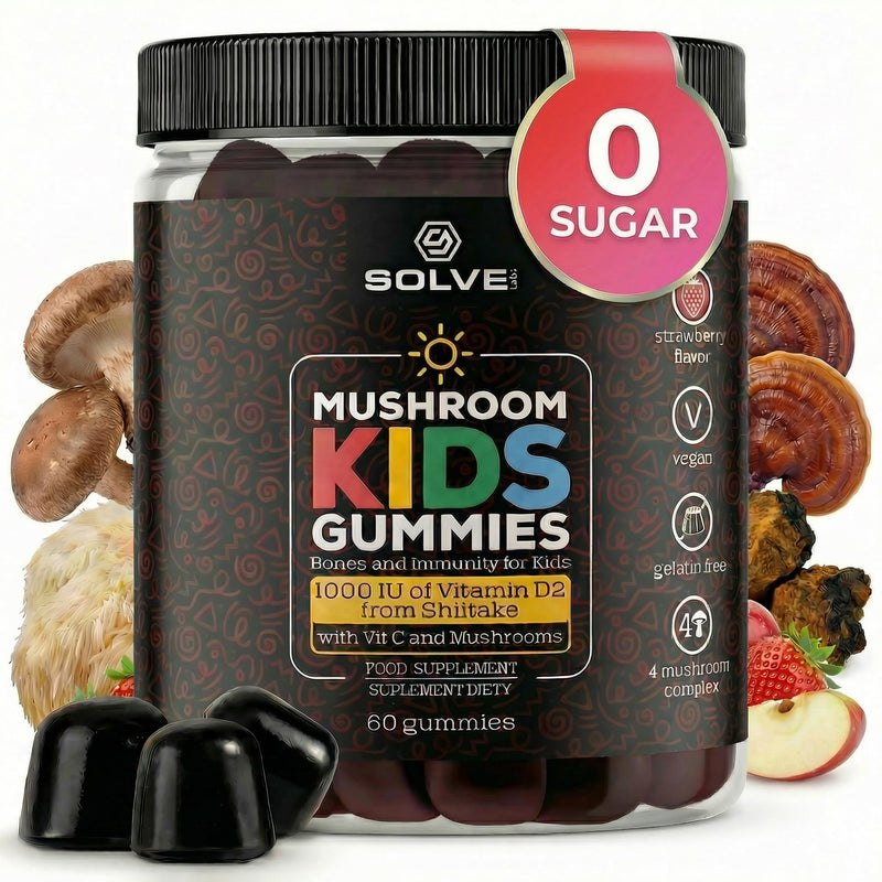 Mushroom Kids Gummies with Vitamin D2 & C | Sugar-Free, Vegan Daily Nutrition for Bones, Immunity & Focus | Lion’s Mane, Reishi, Chaga & Shiitake | Ages 3+ | 60 Gummies | Solve Labs