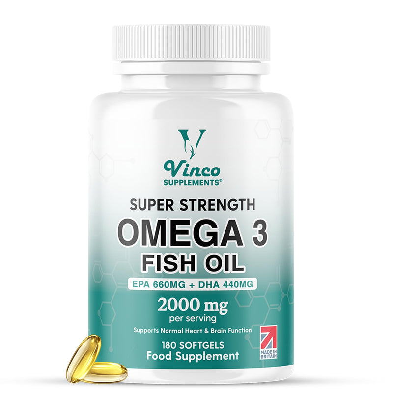 Vinco High Strength Omega 3 Fish Oil 2000mg | EPA 660mg & DHA 440mg Per Serving | Promotes Heart, Brain & Eye Health | Non-GMO GMP Certified 180 Omega 3 Softgels Capsules (3 Month Supply) - UK Made