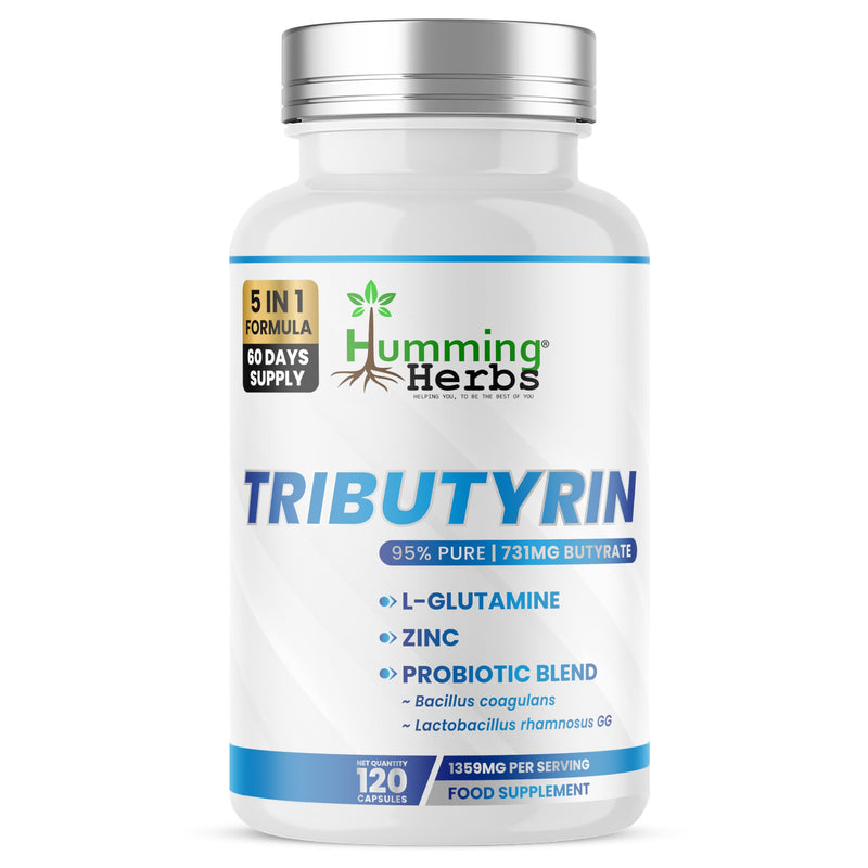 Humming Herbs Tributyrin Complex – 120 Vegan Capsules (60 Days) | 95% Pure Tributyrin, L-Glutamine, Zinc (as Zinc-L-Carnosine), Prebiotic FOS & Probiotic Blend