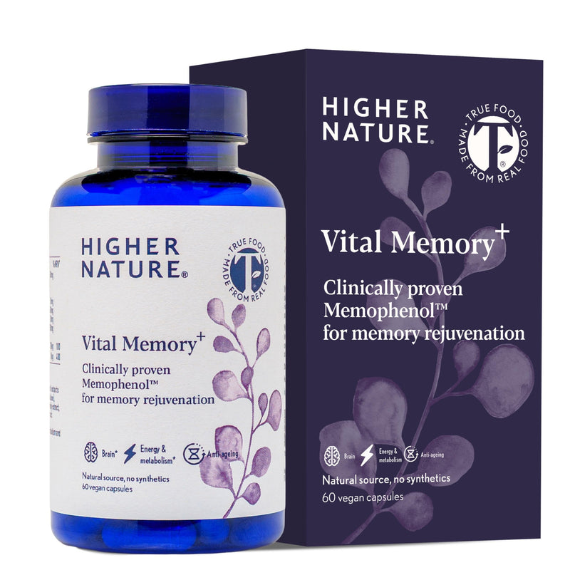 Higher Nature - Vital Memory⁺ - Brain Health Nootropic Supplement - Supports Energy & Mental Performance with Memophenol™, Lion's Mane Mushroom, Bacon Monnieri, True Food® B Vitamins - 60 Capsules
