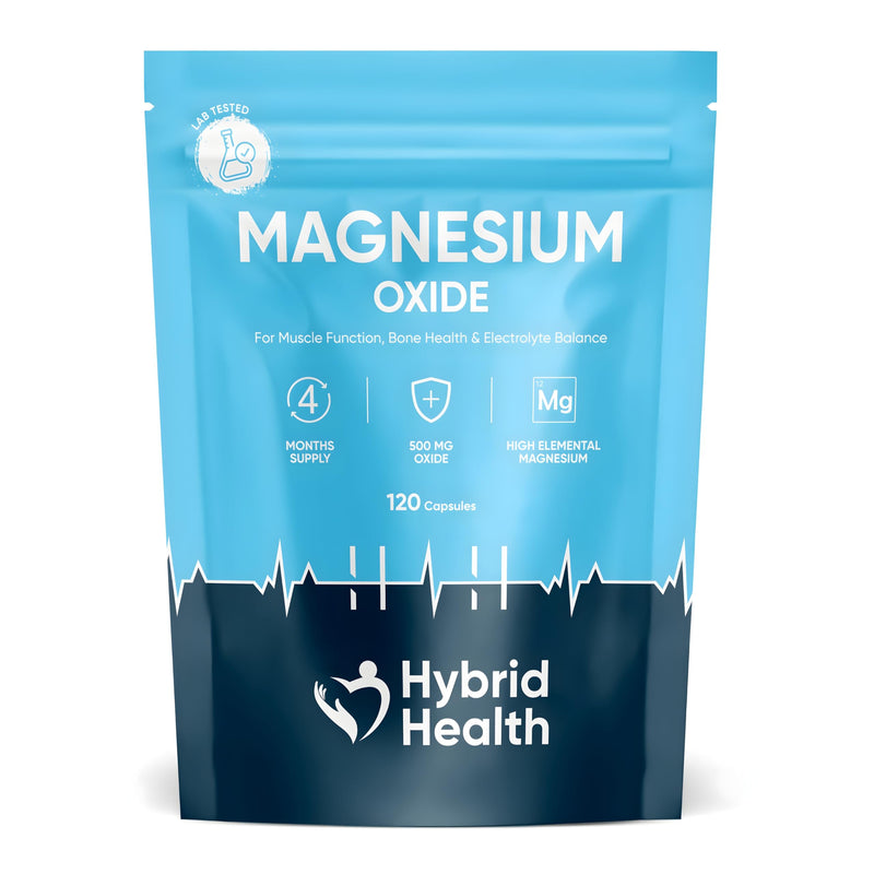 Hybrid Health Magnesium Oxide 500mg Supplement - 120 Vegan Capsules, High-Strength Formula, Independently 3rd Party Lab Tested, 4 Months Supply