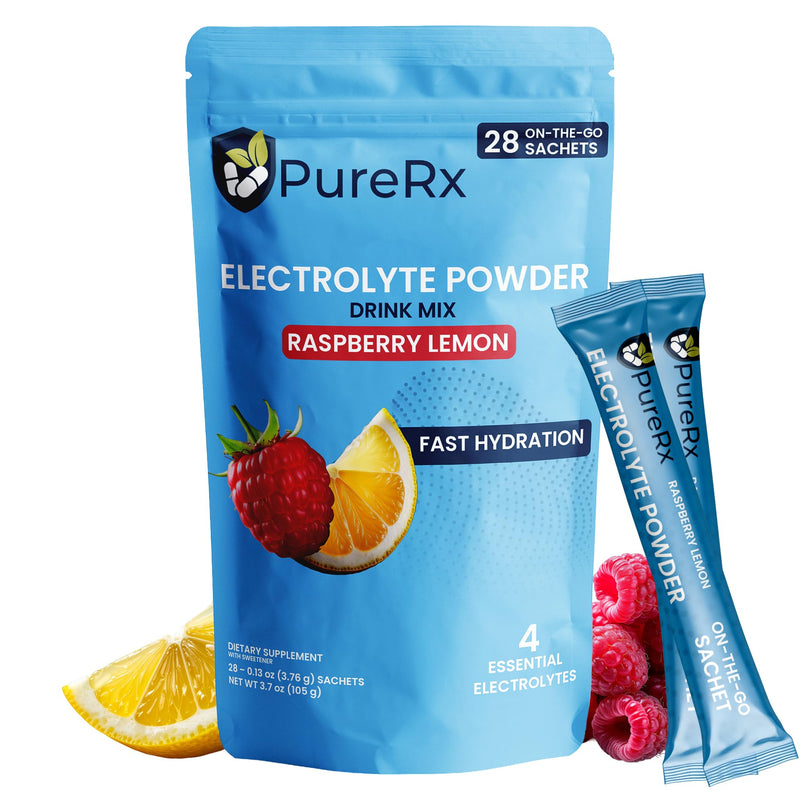 Electrolyte Powder Sachets | 28 Sachets | Raspberry & Lemon | Electrolytes with Sodium, Potassium, Magnesium & Calcium | Daily Hydration Support