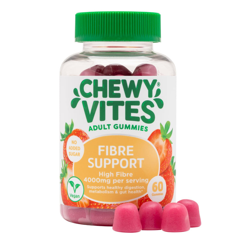 Chewy Vites Adults Fibre Support, 60 High Fibre Gummies with 4000mg, with Calcium & Chromium, 1 Month Supply, Vegan, Strawberry Flavour, for Gut Health and Healthy Digestion