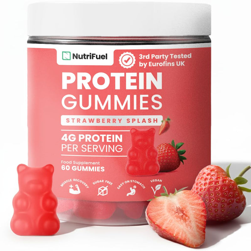 Protein Gummies - 4 Grams per Serving | Strawberry Splash Flavour | 60 Count | Vegan Essential Amino Acids for Recovery & Performance by NutriFuel