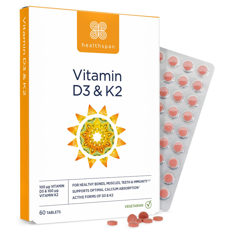 Healthspan Vitamin D3 & K2 | 60 Tablets | for Immune, Bone & Blood Health | 100ug Vitamin D3 & 100ug Vitamin K2 | Optimal Calcium Absorption and delivery | Pure, Active Form MK-7 | Vegetarian