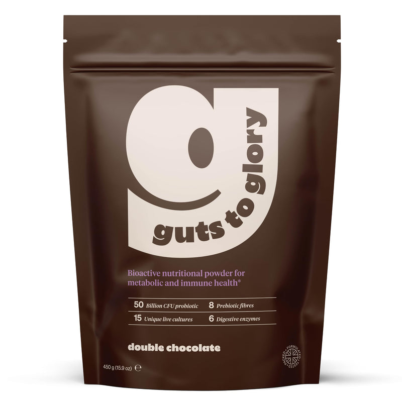 Guts to Glory - Gut Health Blend Made in UK with wholefoods - 50 Billion CFU Complete Gut Powder - Probiotics, Prebiotics/Fibre, Digestive Enzymes - Vegan Gut Health - (Double Chocolate) Double Chocolate