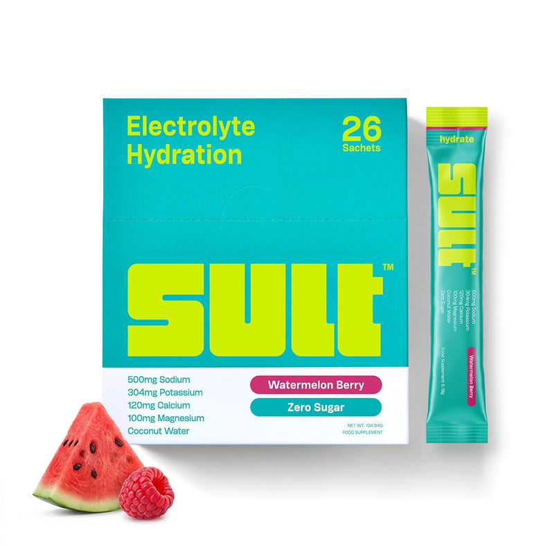 SULT Hydrate Electrolyte Sachets | Zero Sugar | 6 Electrolytes | 500mg Sodium | Coconut Water | 26 Pack | Watermelon Berry | Vegan, Non-GMO | Made in UK