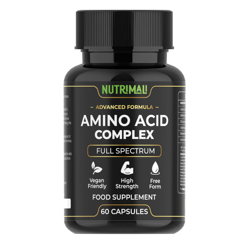 Amino Acid Supplements – Full Spectrum All BCAA, EAA + Vitamin C & Botanical Blend – High Strength, Free Form – 60 Vegan Capsules | By NutriMali