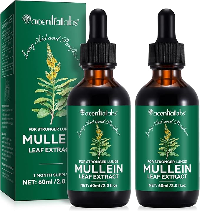 Mullein Drops for Lungs, 2 Pack Mullein Leaf Extract with Chlorophyll, for Lungs Cleanse and Healthy Breathing, 60ml/Pack, 2 Month Supply