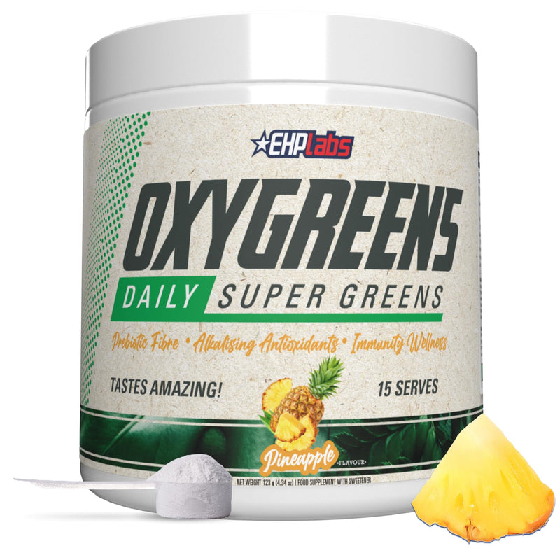 EHP Labs OxyGreens Super Greens Powder with Spirulina & Chlorella, Prebiotic Fiber, Probiotics & Digestive Enzymes – Antioxidant Green Superfood Supplement - 15 Servings - Pineapple 15 Serves