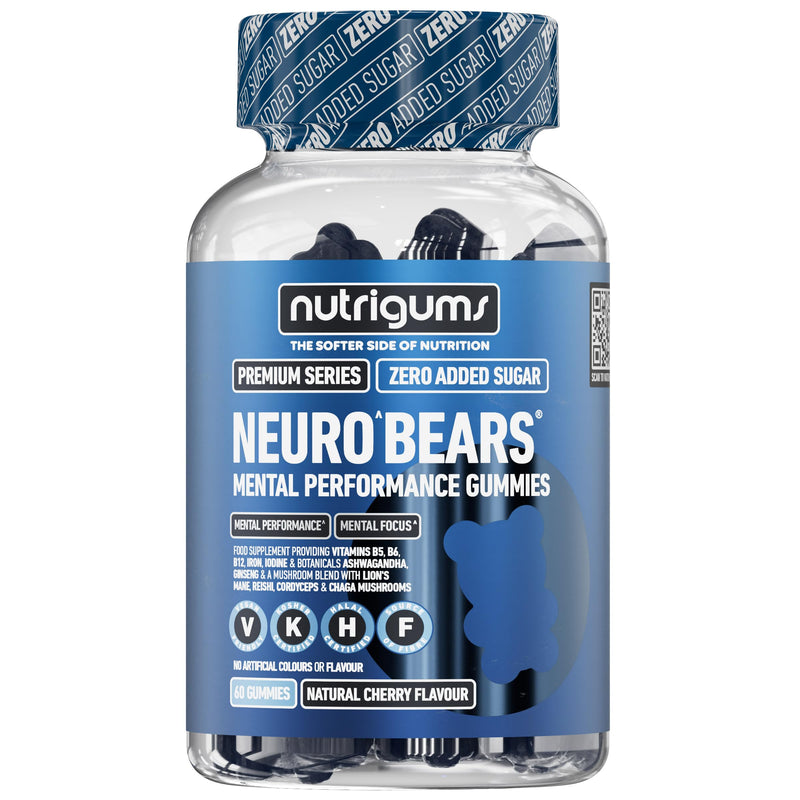Cognitive Performance Gummies | Ashwagandha, Ginseng, Lions’ Mane | Reishi, Chaga & Cordyceps Mushrooms + B5, B6, B12, Iron, Iodine | No Added Sugar | Cherry Flavour | 60 Vegan Gummies | Neuro Bears®