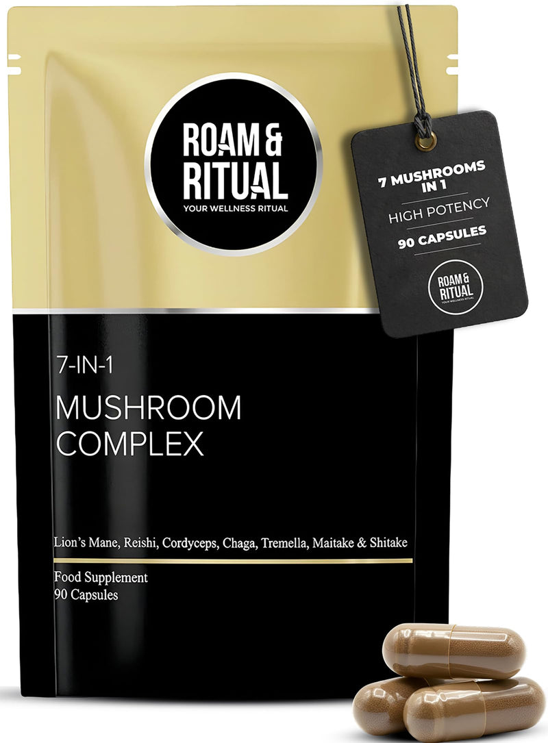 Mushroom Complex Capsules 11,700mg per Serving - Lion’s Mane, Reishi, Cordyceps, Chaga, Shiitake, Maitake & Tremella for Focus, Immunity & Defence | 90 Capsules UK Made by Roam & Ritual™