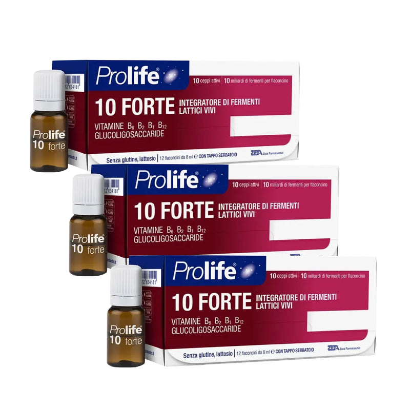 Prolife 10 Forte, Supplement with 10 Billion Probiotics per Vial, 3 Packs of 10 vials of 8 ml, Rich in Lactic Ferments and B Vitamins