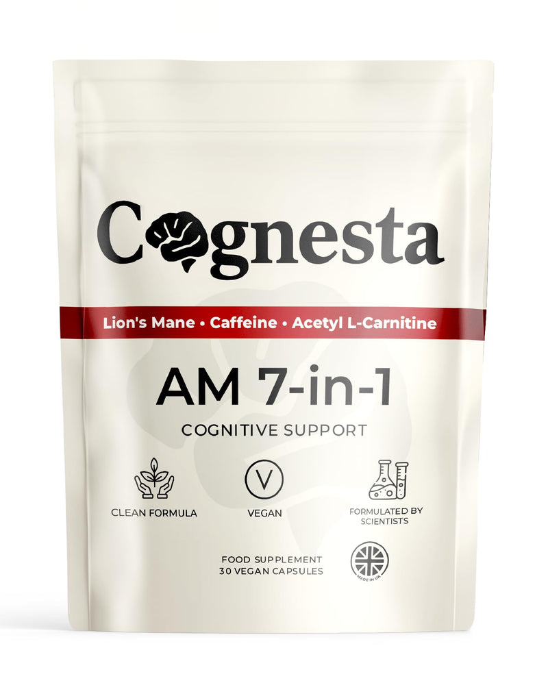 AM 7-in-1 Nootropic Brain Supplement | Support Cognitive Function, Focus & Mental Performance | with Lion’s Mane, Caffeine (125 mg) & Acetyl L-Carnitine | 30 Vegan Capsules | UK Made