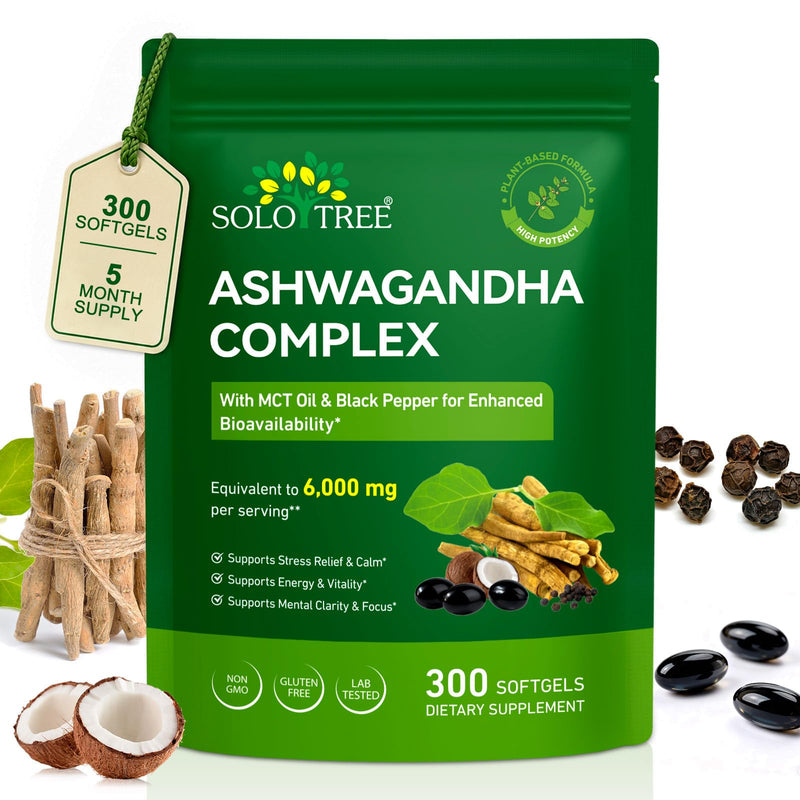 Ashwagandha Complex 6000mg Equivalent Softgels | 20:1 Root Extract with MCT Oil & Black Pepper | Herbal Adaptogen to Support Calm, Energy & Mental Clarity – 300 Softgels 5 Month Supply