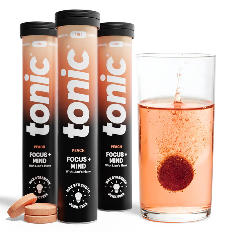 Tonic Health Focus + Mind Tablets - Lion’s Mane, L-Tyrosine and B3, Rhodiola Rosea for Mental Clarity, No Sugar Effervescent Tablets (60 Count (Pack of 1), Peach) 60 count (Pack of 1)
